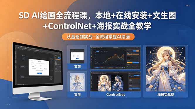 SD AI绘画全流程课，本地+在线安装+文生图+ControlNet+海报实战全教学-沐沐云网创