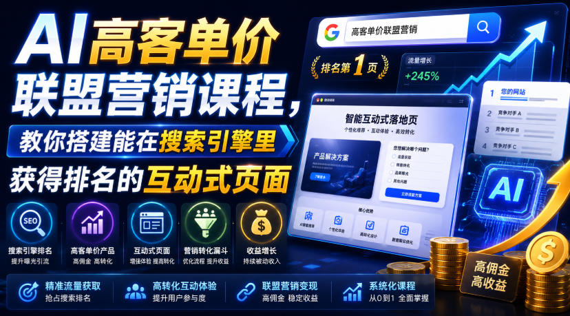 AI高客单价联盟营销课程，教你搭建能在搜索引擎里获得排名的互动式页面，引来流量，把访客转化为高佣金的成交【原创双语字幕】-小目标云网创