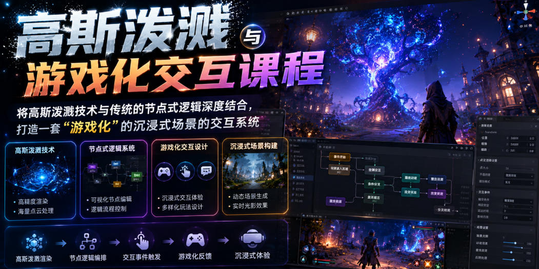 高斯泼溅与游戏化交互课程，将高斯泼溅技术与传统的节点式逻辑深度结合，打造一套“游戏化”的沉浸式场景的交互系统-灵感工坊云网创