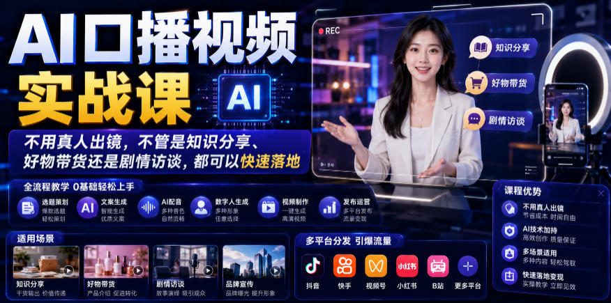 AI口播视频实战课，不用真人出镜，不管是知识分享、好物带货还是剧情访谈，都可以快速落地-小目标云网创