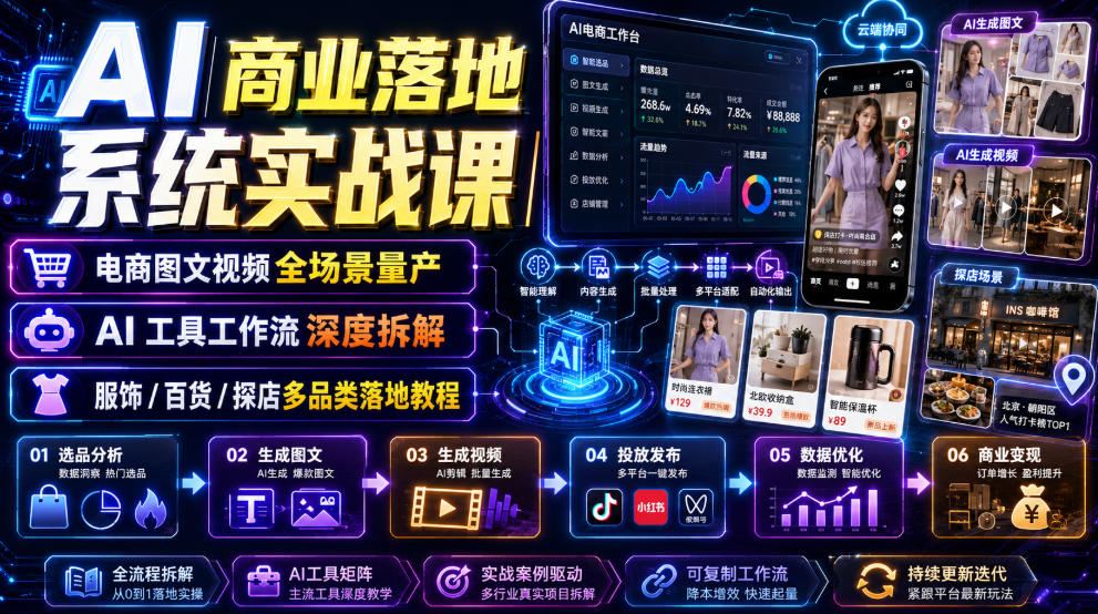 AI商业落地系统实战课｜电商图文视频全场景量产・AI工具工作流深度拆解・服饰/百货/探店多品类落地教程-小目标云网创