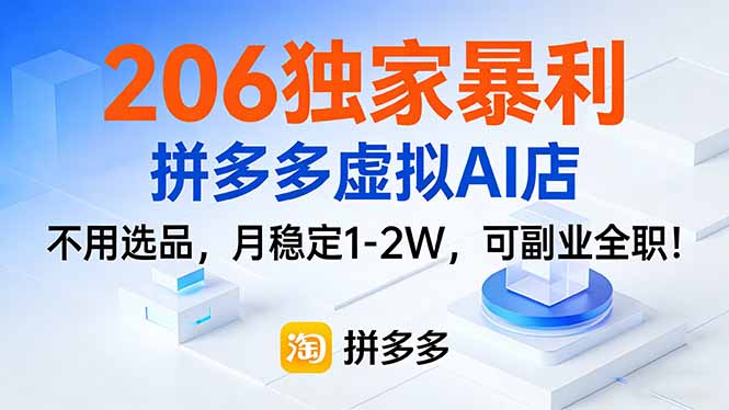 206独家暴利，拼多多虚拟AI店，不用选品，月稳定1-2W，可副业全职！-小目标云网创