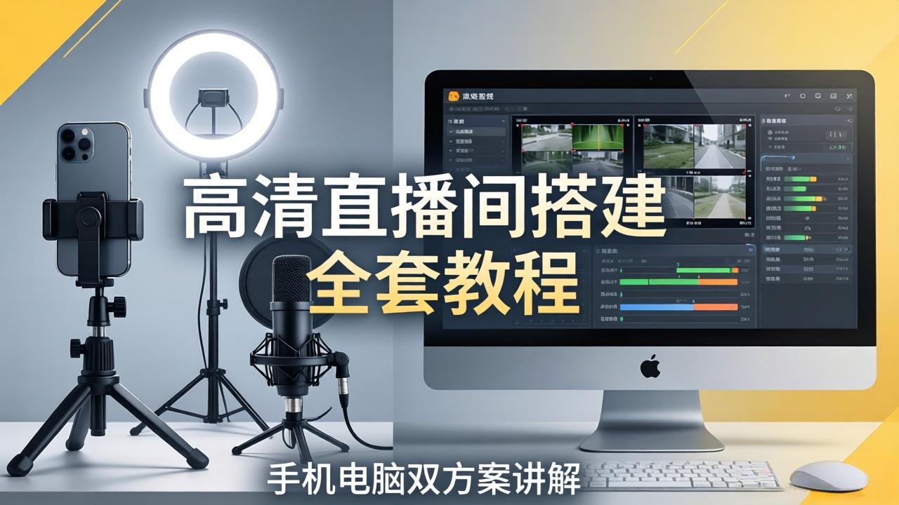 高清直播间搭建全套教程，手机电脑双方案讲解，设备选型调试多机位实操教学-聚星云网创