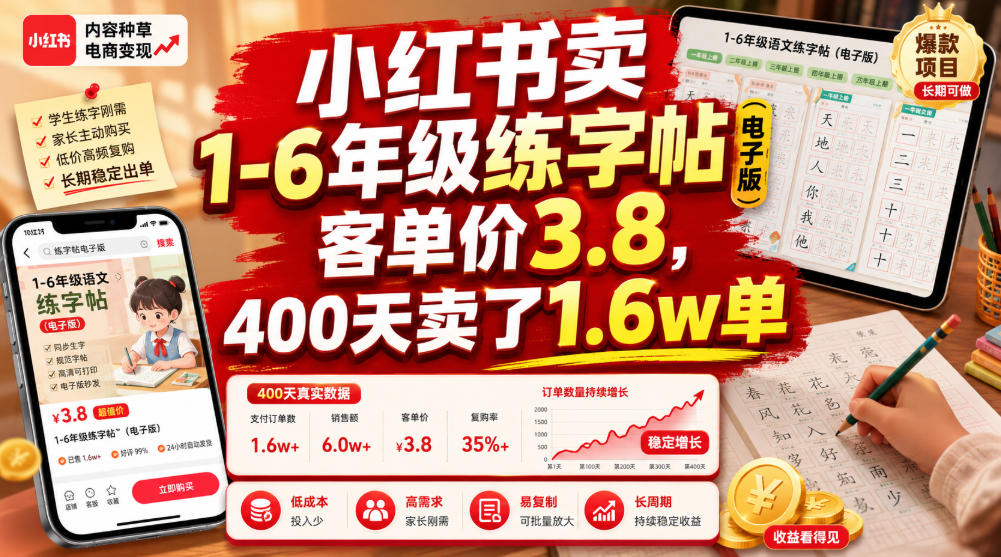 小红书卖1-6年级练字帖(电子版)，客单价3.8，400天卖了1.6w单-小目标云网创