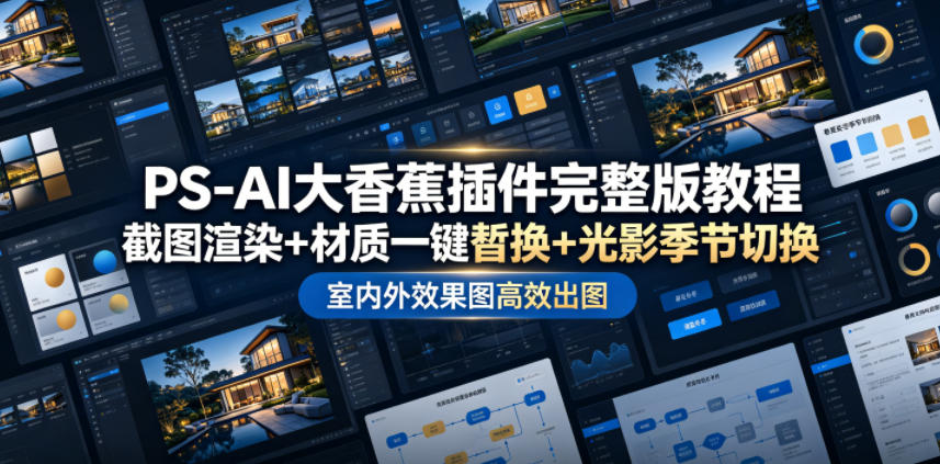 PS-AI大香蕉插件完整版教程，截图渲染+材质一键替换+光影季节切换，室内外效果图高效出图高阶课程-沐沐云网创