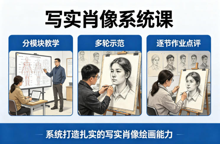 写实肖像系统课，全程分模块教学+多轮示范+逐节作业点评，系统打造扎实的写实肖像绘画能力-小目标云网创