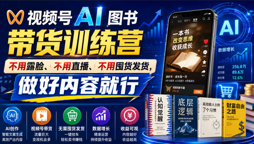 视频号AI图书带货训练营，不用露脸、不用直播、不用囤货发货，做好内容就行，一条爆款视频佣金8942-小目标云网创