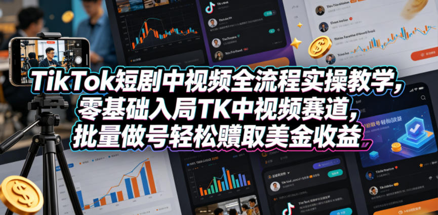 TikTok短剧中视频全流程实操教学，零基础入局TK中视频赛道，批量做号轻松賺取美金收益-沐沐云网创