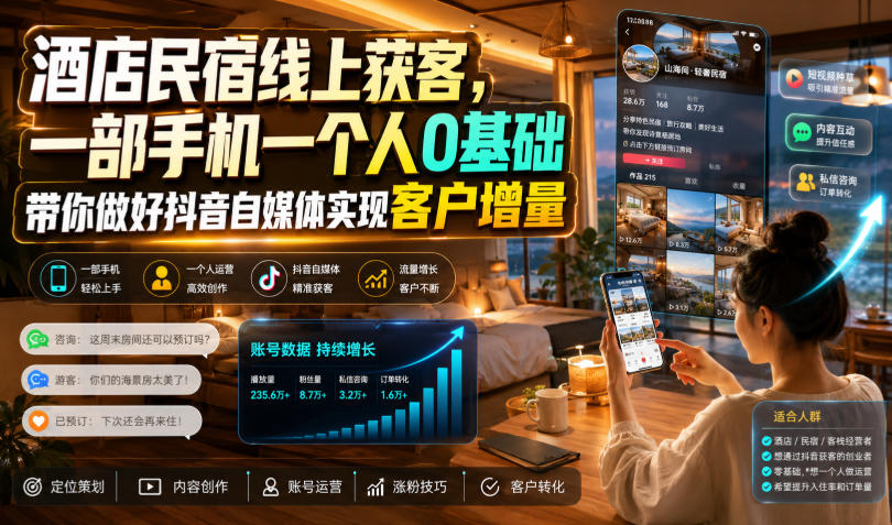 酒店民宿线上获客,一部手机一个人0基础带你做好抖音自媒体实现客户增量-小目标云网创