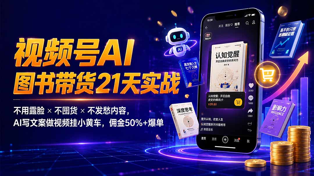 繁花视频号AI图书带货21天实战:不用露脸×不囤货×不发愁内容,AI写文案做视频挂小黄车,佣金50%+爆单-灵感工坊云网创