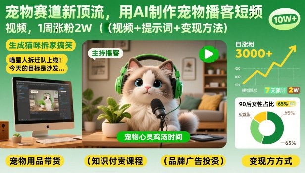 宠物赛道新顶流，用AI制作宠物播客短视频，1周涨粉2W(视频+提示词+变现方法)-小目标云网创