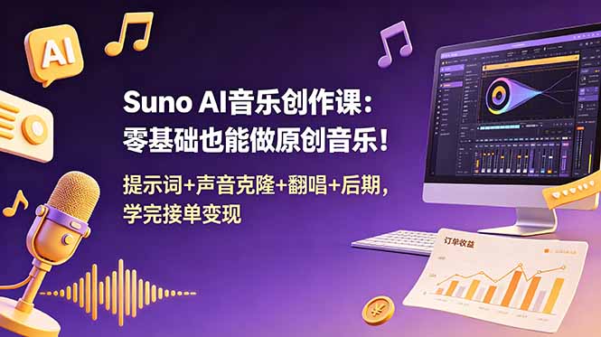 Suno AI音乐创作课:零基础也能做原创音乐!提示词+声音克隆+翻唱+后期,学完接单变现-opc资源站