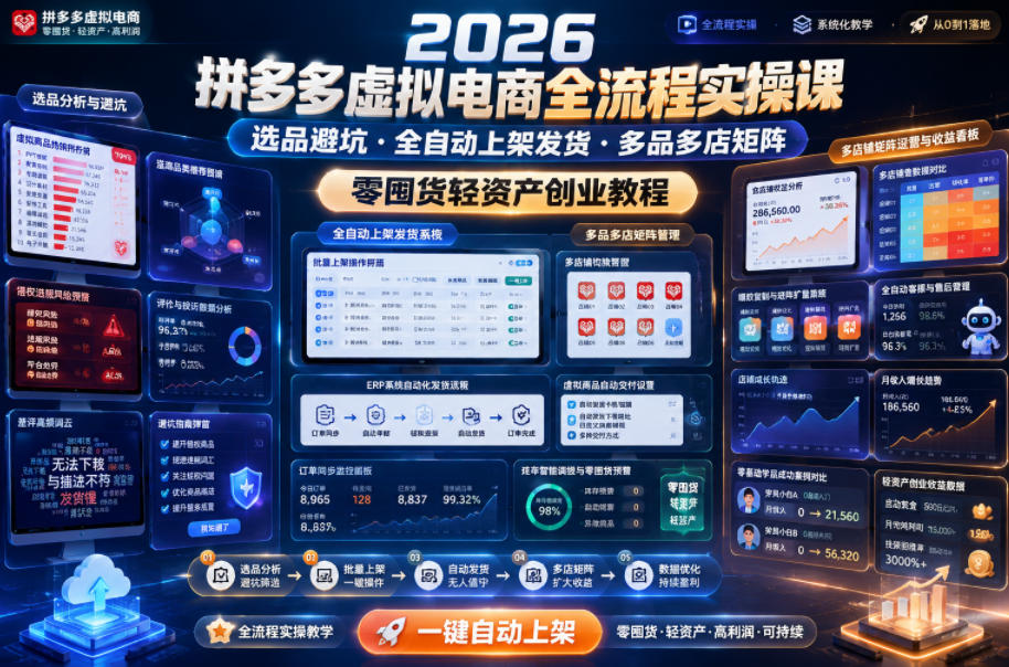 2026拼多多虚拟电商全流程实操课，选品避坑・全自动上架发货・多品多店矩阵，零囤货轻资产创业教程-小目标云网创