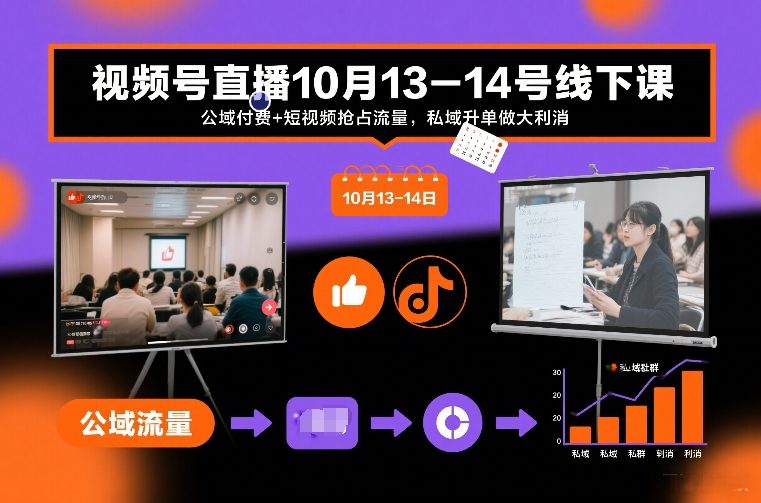 视频号直播10月13-14号线下课，公域付费+短视频抢占流量，私域升单做大利消-小目标云网创