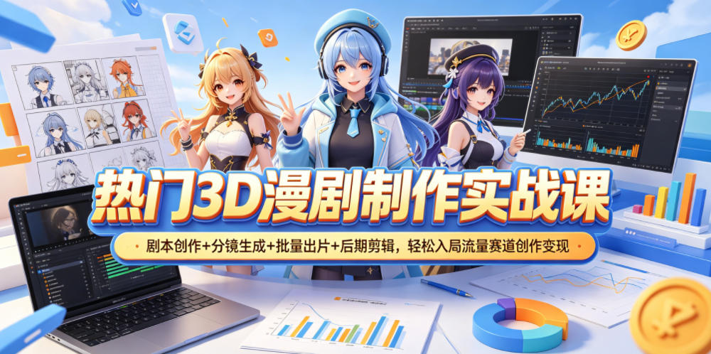 热门3D漫剧制作实战课，剧本创作+分镜生成+批量出片+后期剪辑，轻松入局流量赛道创作变现-灵感工坊云网创