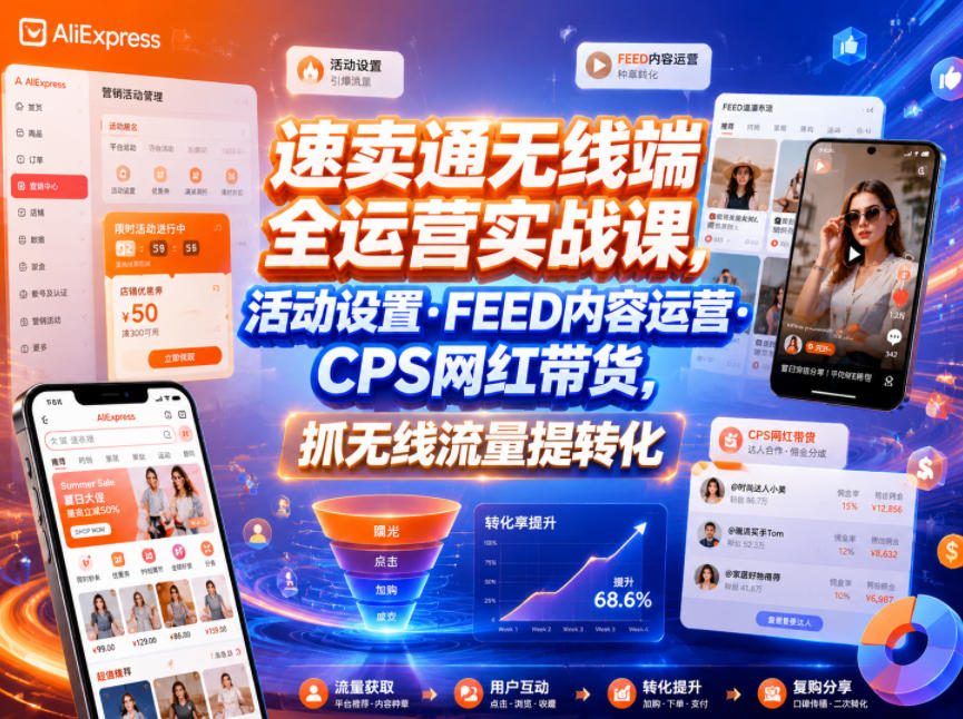 速卖通无线端全运营实战课，活动设置・FEED内容运营・CPS网红带货，抓无线流量提转化-小目标云网创