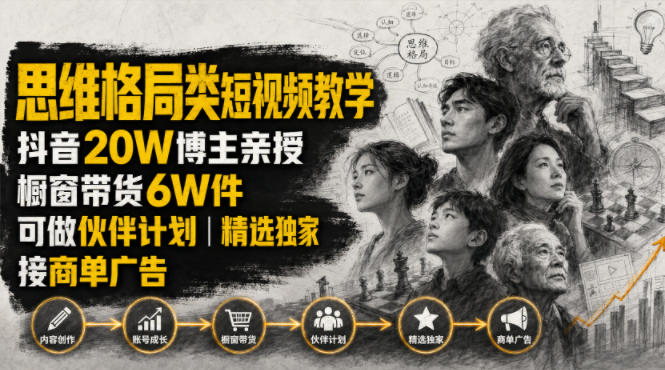 人性思维格局类短视频教学，抖音20W博主亲授，橱窗带货6W件，可做伙伴计划、精选独家、接商单广告-小目标云网创