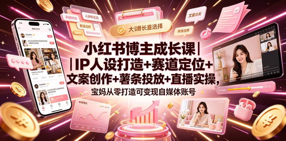 小红书博主成长课｜IP人设打造+赛道定位+文案创作+薯条投放+直播实操，宝妈从零打造可变现自媒体账号-极速搞钱云网创