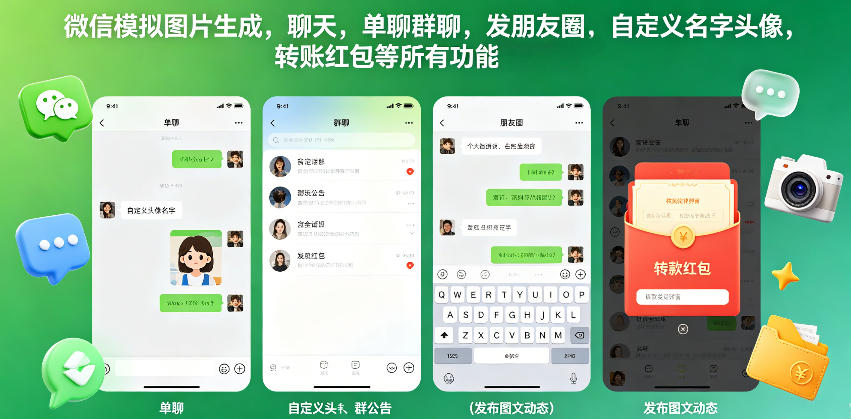 微信模拟图片生成，聊天，单聊群聊，发朋友圈，自定义名字头像，转账红包等所有功能都可以生成-启微空间
