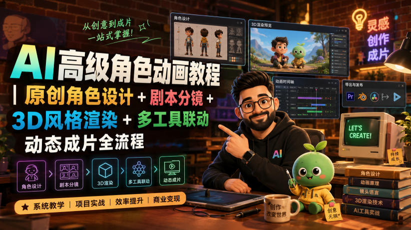 AI高级角色动画教程｜原创角色设计+剧本分镜+3D风格渲染+多工具联动动态成片全流程【中英字幕】-小目标云网创