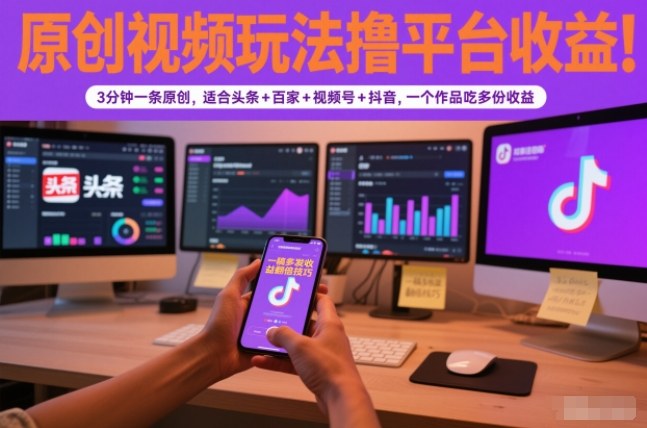 原创视频玩法撸平台收益,3分钟一条原创,适合头条+百家+视频号+抖音,一个作品吃多份收益-优优云网创