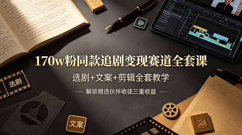 170w粉博主同款追剧变现赛道全套课，选剧+文案+剪辑全套教学，解锁精选伙伴收徒三重收益-极速搞钱指南