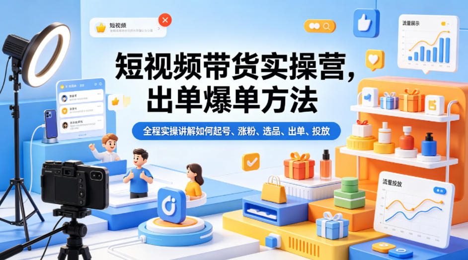 短视频带货实操营，出单爆单方法，全程实操讲解如何起号、涨粉、选品、出单、投放-启微空间