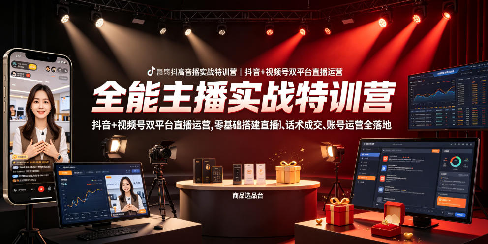 全能主播实战特训营｜抖音+视频号双平台直播运营，零基础搭建直播间、精准选品、话术成交、账号运营全落地-灵感工坊云网创
