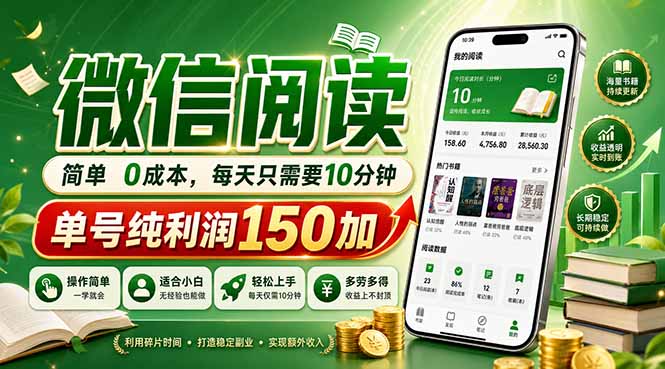 最新微信阅读，每日10分钟，单号利润150+，可批量放大操作，简单0成本-极速搞钱指南