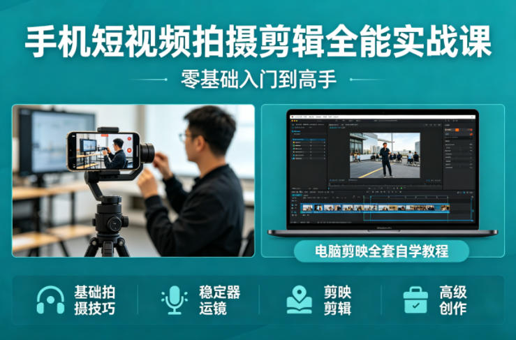手机短视频拍摄剪辑全能实战课：零基础入门到高手，稳定器运镜+电脑剪映全套自学教程-小目标云网创