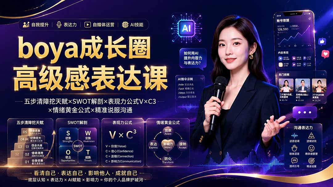 boya成长圈｜内心成长高级表达AI自媒体三合一，消解内耗挖掘天赋，镜头沟通AI指令短视频全流程教学-灵感工坊云网创