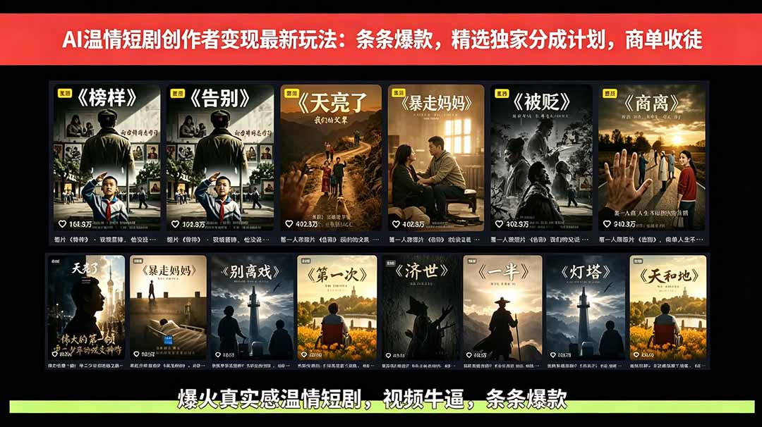 AI温情短剧创作者变现最新玩法：视频牛逼，条条爆款，精选独家分成计划，商单收徒-个创网云网创