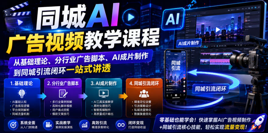 同城AI广告视频教学课程,从基础理论、分行业广告脚本、AI成片制作到同城引流闭环一站式讲透-小目标云网创