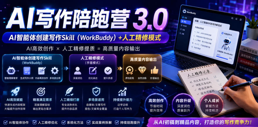 AI写作陪跑营3.0,Ai智能体创建写作skill(workbuddy)+人工手写模式(手搓模式),去除AI痕迹(头条号、公众号、百家号)(更新0730)-小目标云网创