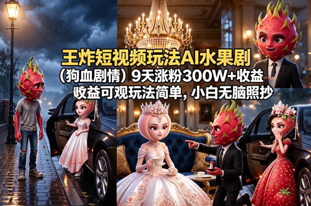 王炸短视频玩法AI水果剧(狗血剧情)9天涨粉300W+收益可观玩法简单，小白无脑照抄，详细拆解玩法-opc资源站