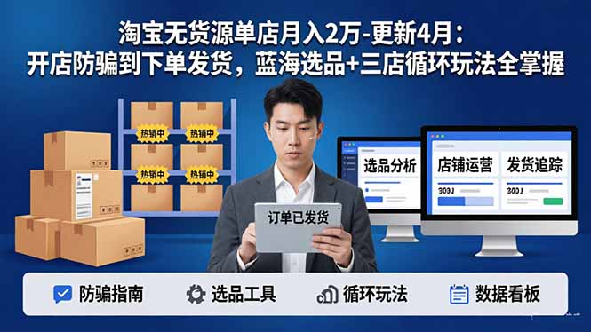 淘宝无货源5.0单店月入2万-更新4月：开店防骗到下单发货，蓝海选品+三店循环玩法全掌握-小目标云网创
