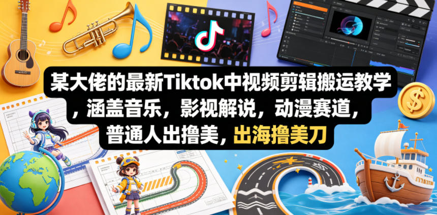 某大佬的最新Tiktok中视频剪辑搬运教学，涵盖音乐，影视解说，动漫赛道，普通人出海撸美刀-启微空间