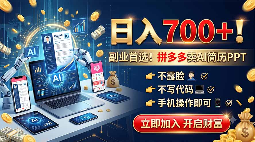 拼多多卖AI简历PPT，不露脸不写代码，手机操作日入700+，副业首选！-小目标云网创
