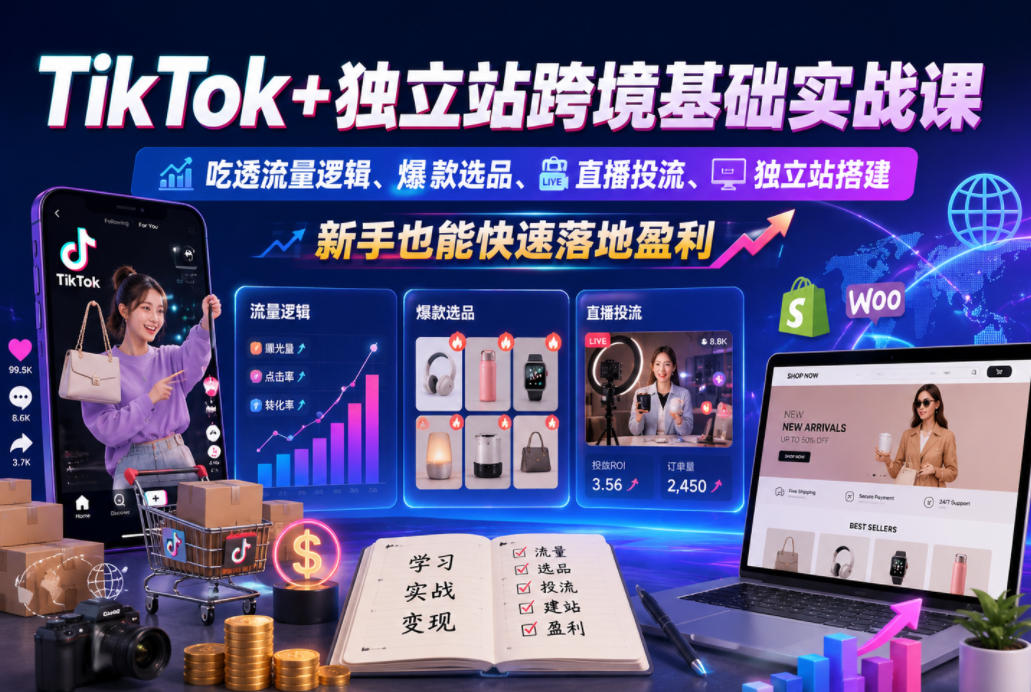 TikTok+独立站跨境基础实战课，吃透流量逻辑、爆款选品、直播投流与独立站搭建，新手也能快速落地盈利-创富资源库云网创