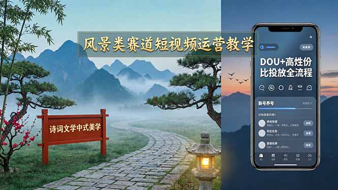 风景类赛道短视频运营教学：诗词文学中式美学，新号养号对标账号定位，DOU+高性价比投放全流程-小目标云网创