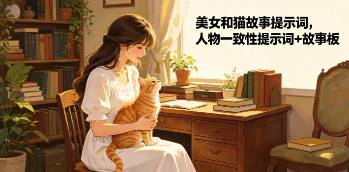 美女和猫故事提示词，人物一致性提示词+故事板-小目标云网创