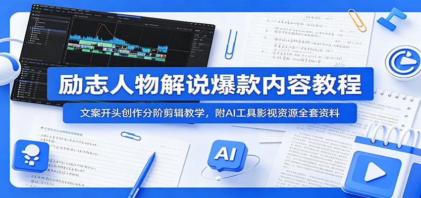 励志人物解说爆款内容教程：文案开头创作分阶剪辑教学，附AI 工具影视资源全套资料-opc资源站