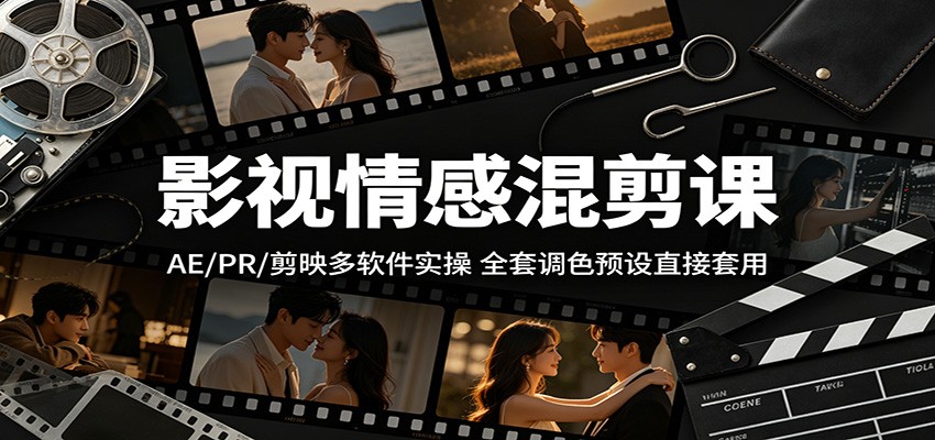 影视情感混剪课：AE/PR/剪映多软件实操，全套调色预设直接套用-启微空间