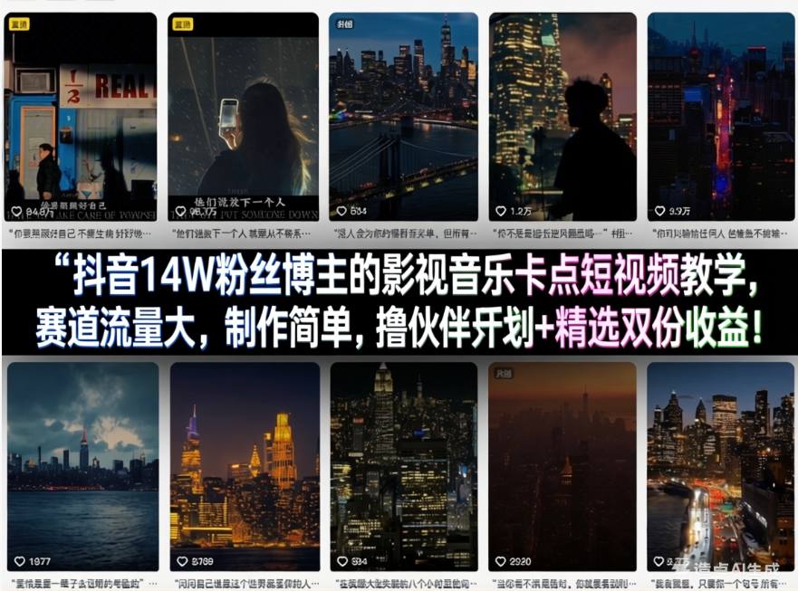 抖音14W粉丝博主的影视音乐卡点短视频教学，赛道流量大，制作简单，撸伙伴计划+精选双份收益！-沐沐云网创