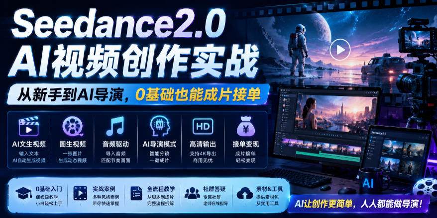 Seedance2.0 AI视频创作实战，从新手到AI导演，0基础也能成片接单变现-灵感工坊云网创
