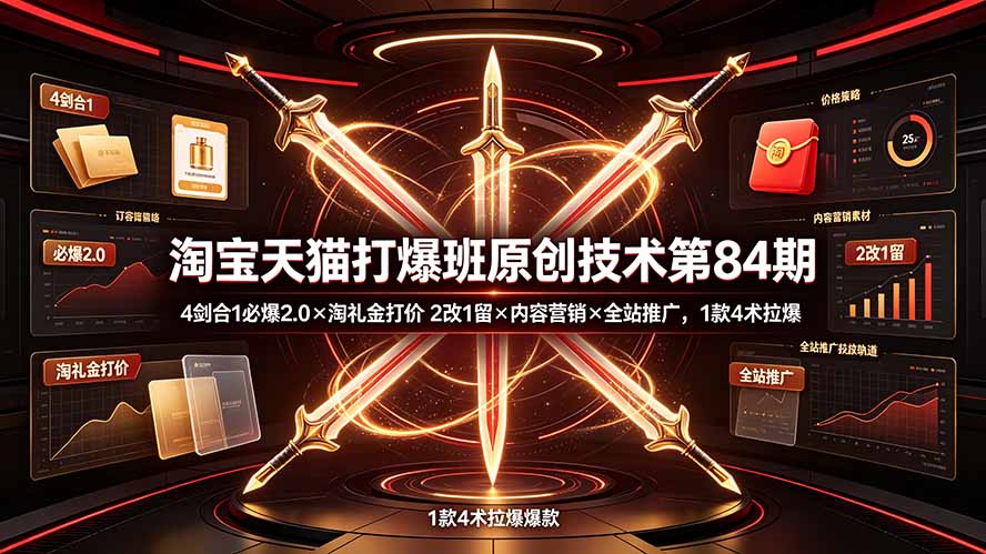淘宝天猫打爆班原创技术第84期：4剑合1必爆2.0×淘礼金打价×2改1留×内容营销×全站推广，1款4术拉爆-小目标云网创