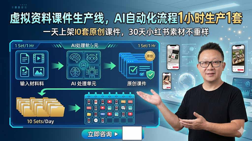 虚拟资料课件生产线，AI自动化流程1小时生产1套，一天上架10套原创课件，30天小红书素材不重样-黑猫科技云网创