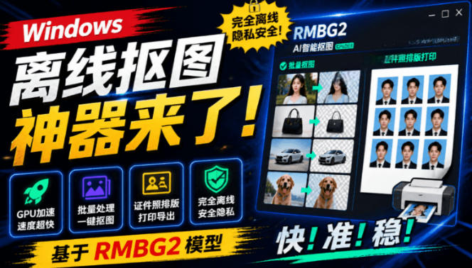 Windows离线抠图神器来了！支持批量抠图+证件照排版打印，基于RMBG2模型，GPU加速方块AI抠图-小目标云网创