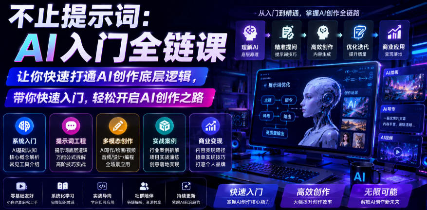 不止提示词：AI入门全链课，让你快速打通AI创作底层逻辑，带你快速入门，轻松开启AI创作之路-极客搞钱云网创