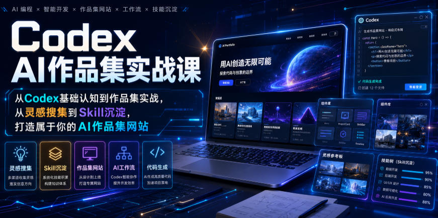 Codex AI作品集实战课，从Codex基础认知到作品集实战，从灵感搜集到Skill沉淀，打造属于你的AI作品集网站-小目标云网创